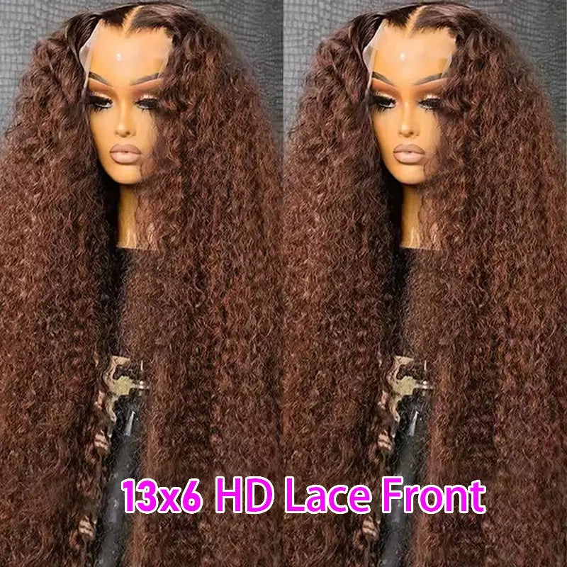 Chocolate Brown 250% Density Curly Lace Front Wig 13x6 HD Transparent Lace Front Human Hair Wig for Women with Baby Hair