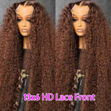 Chocolate Brown 250% Density Curly Lace Front Wig 13x6 HD Transparent Lace Front Human Hair Wig for Women with Baby Hair