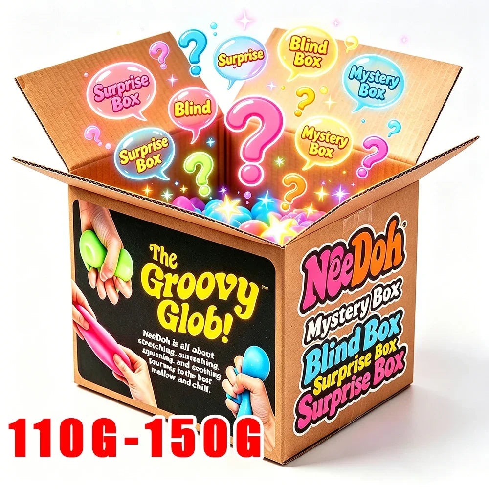 Colorful 2026 NeeDoh Schylling squishy sensory toy from HSF Marketplace, slow-rising stress relief fingertip toy in blind box packaging.