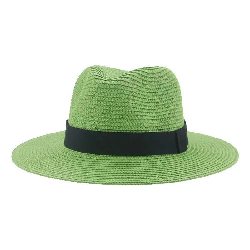 Women's black ribbon Panama straw hat for spring and summer sun protection