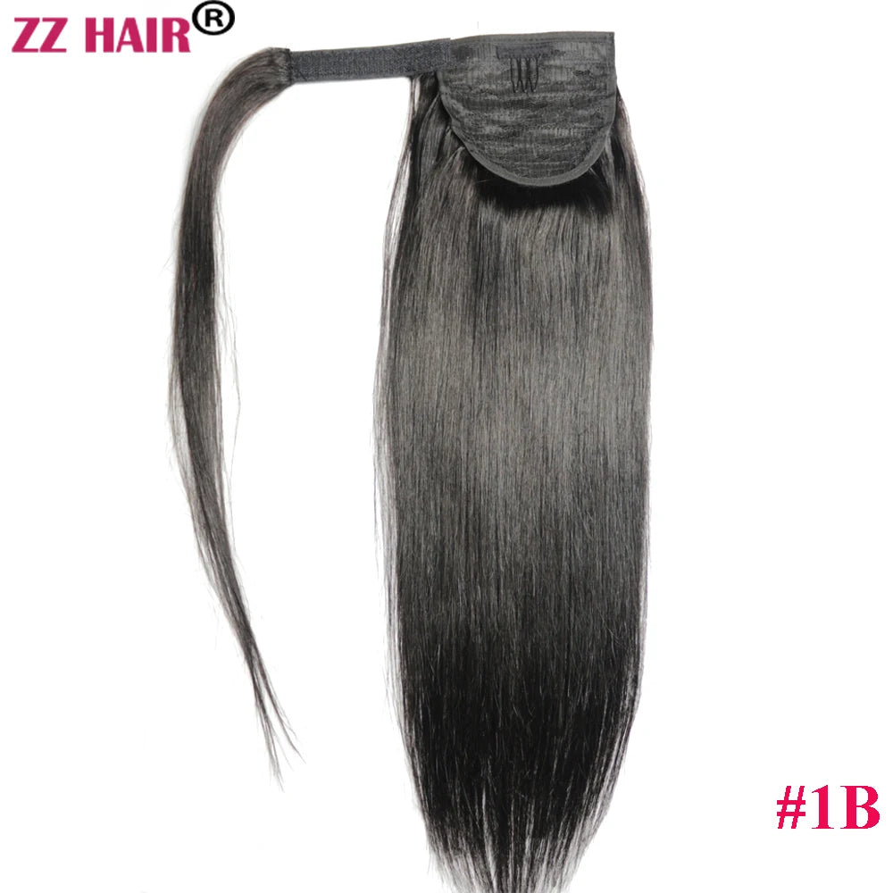 ZZHAIR Remy human hair wrap-around ponytail extension, straight clip-in style, 16–28 inches, 60–120g