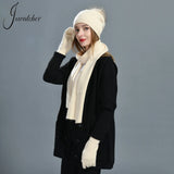 Women's warm cashmere wool winter hat, gloves, and scarf set in soft coordinating colors