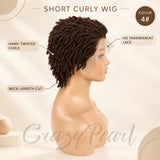 Chocolate brown short pixie cut dreadlocks wig with lace frontal, faux locs, and braided hair, human hair wig by HSF Marketplace.