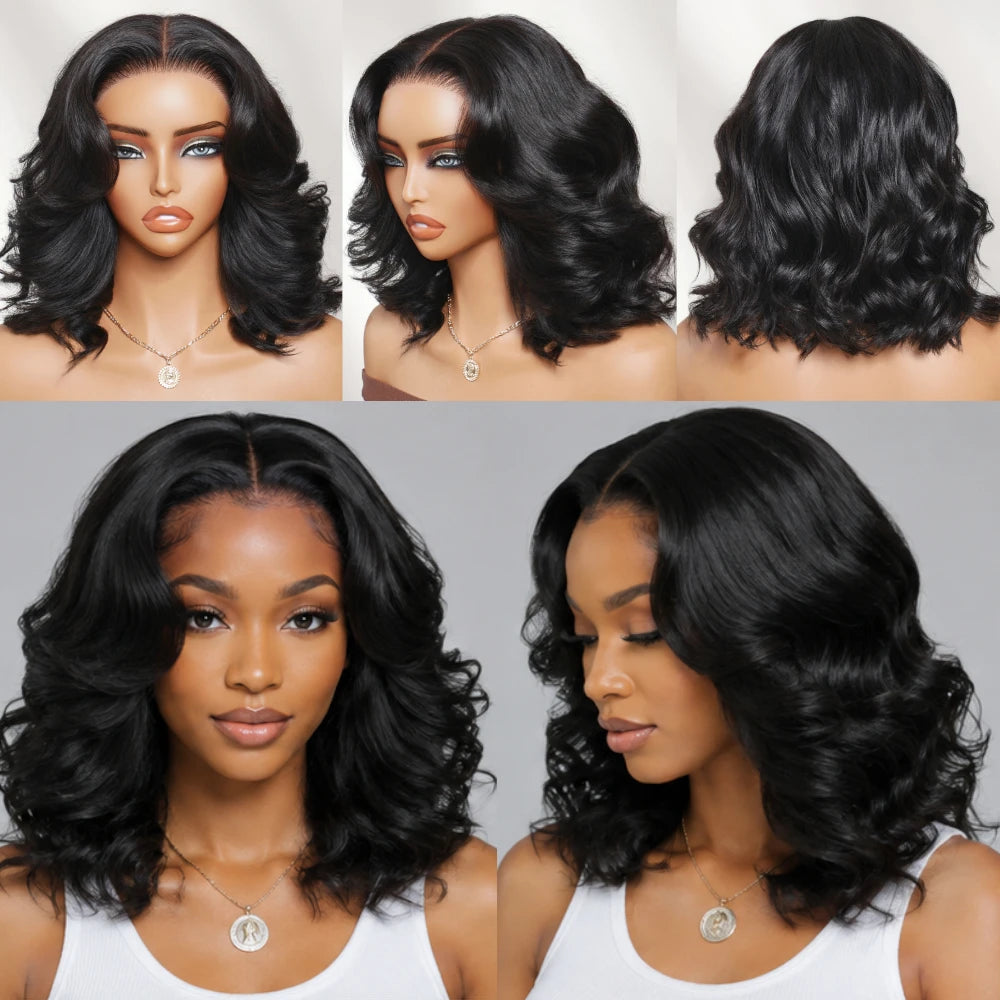 HSF Marketplace layered blowout wavy bob wig, glueless human hair, 150% density
