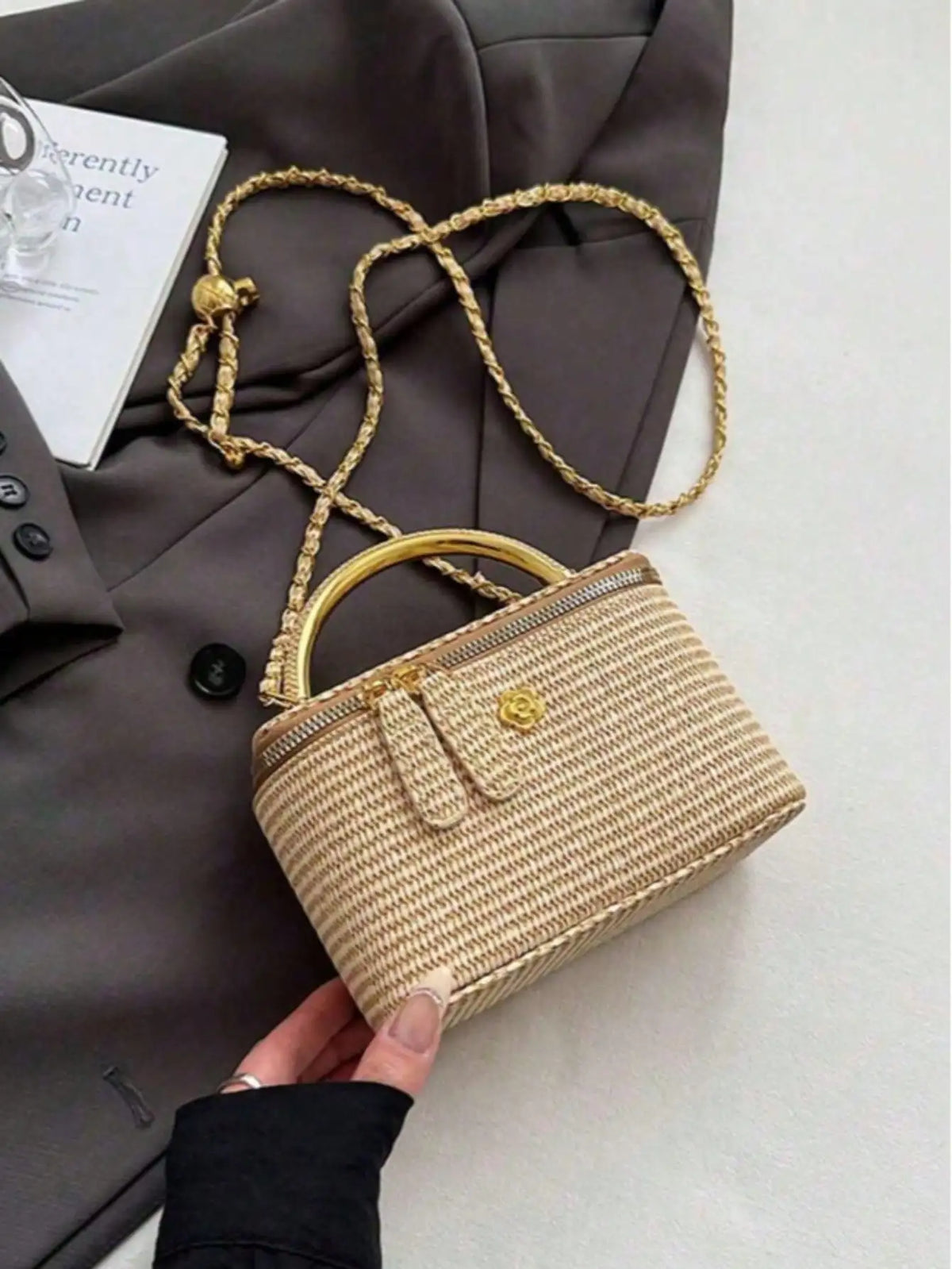Minimalist woven straw lunch box bag with chain strap, HSF Marketplace handbag