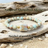 Boho Natural Shoushan Stone Beaded Bracelet Women Square Flat Stone Charm Elastic Wristband Fashion Holiday Party Jewelry Gift
