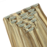 7-piece set of HSF Marketplace straight clip-in human hair extensions, 16-24 inches, double weft, natural finish for seamless styling