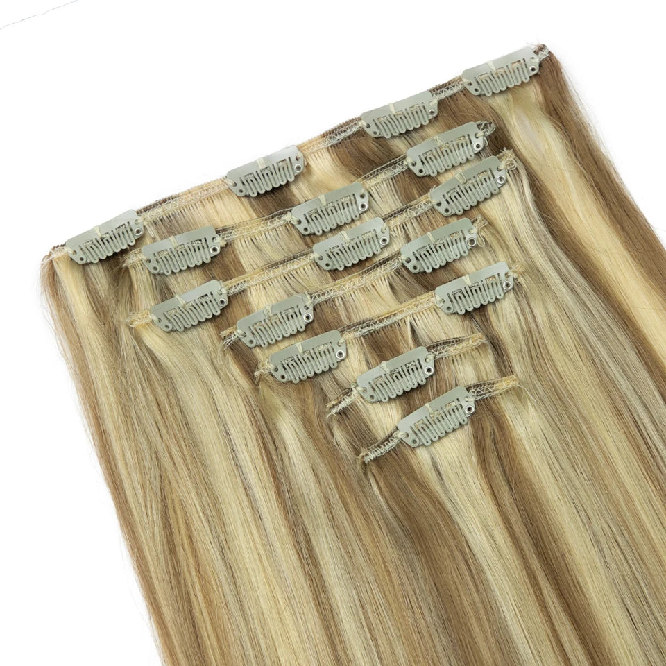 7-piece set of HSF Marketplace straight clip-in human hair extensions, 16-24 inches, double weft, natural finish for seamless styling