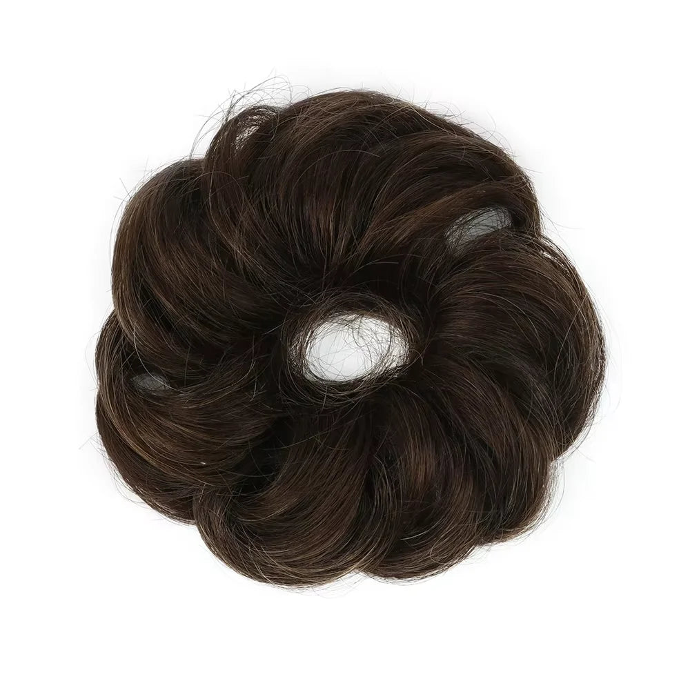Wavy curly human hair messy bun ponytail hair piece with clip-in air bangs fringe for women