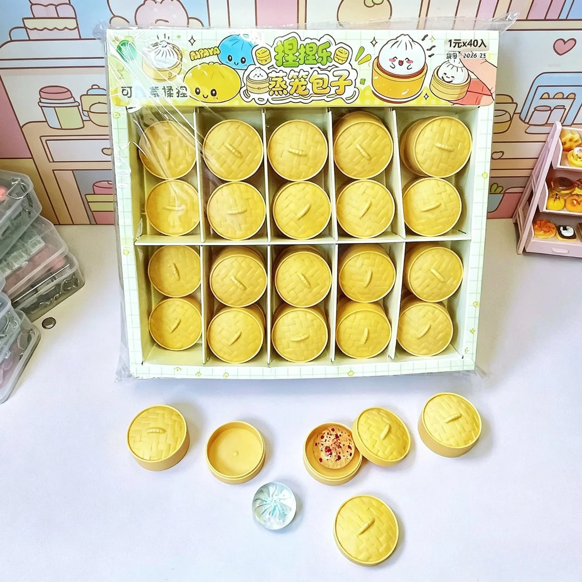 HSF Marketplace crystal mini dumplings and steamed bun squishy set with steamer, soft stress relief sensory fidget toys for relaxation.