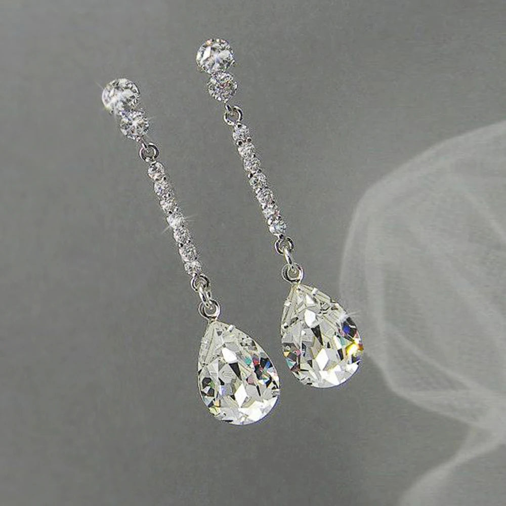 Huitan long hanging earrings with AAA pear-cut cubic zirconia stones in a dangling jewelry design