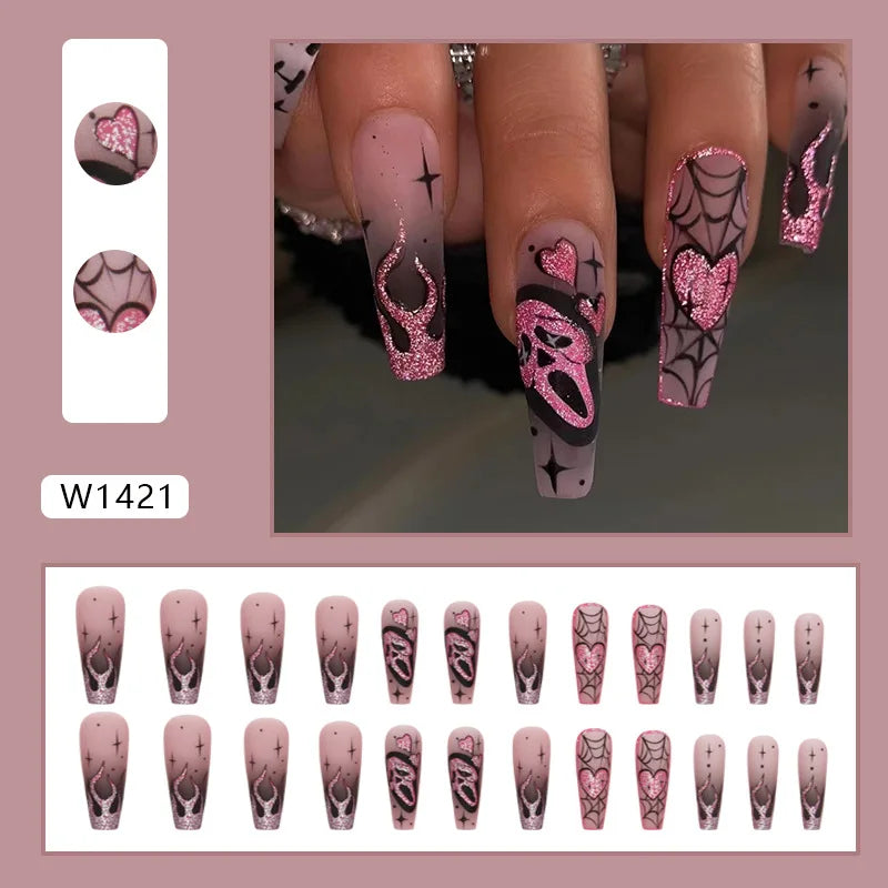 24-piece glitter pink sequins false nails with Halloween skull and love print, wearable ballet-style press-on nails