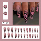 24-piece glitter pink sequins false nails with Halloween skull and love print, wearable ballet-style press-on nails