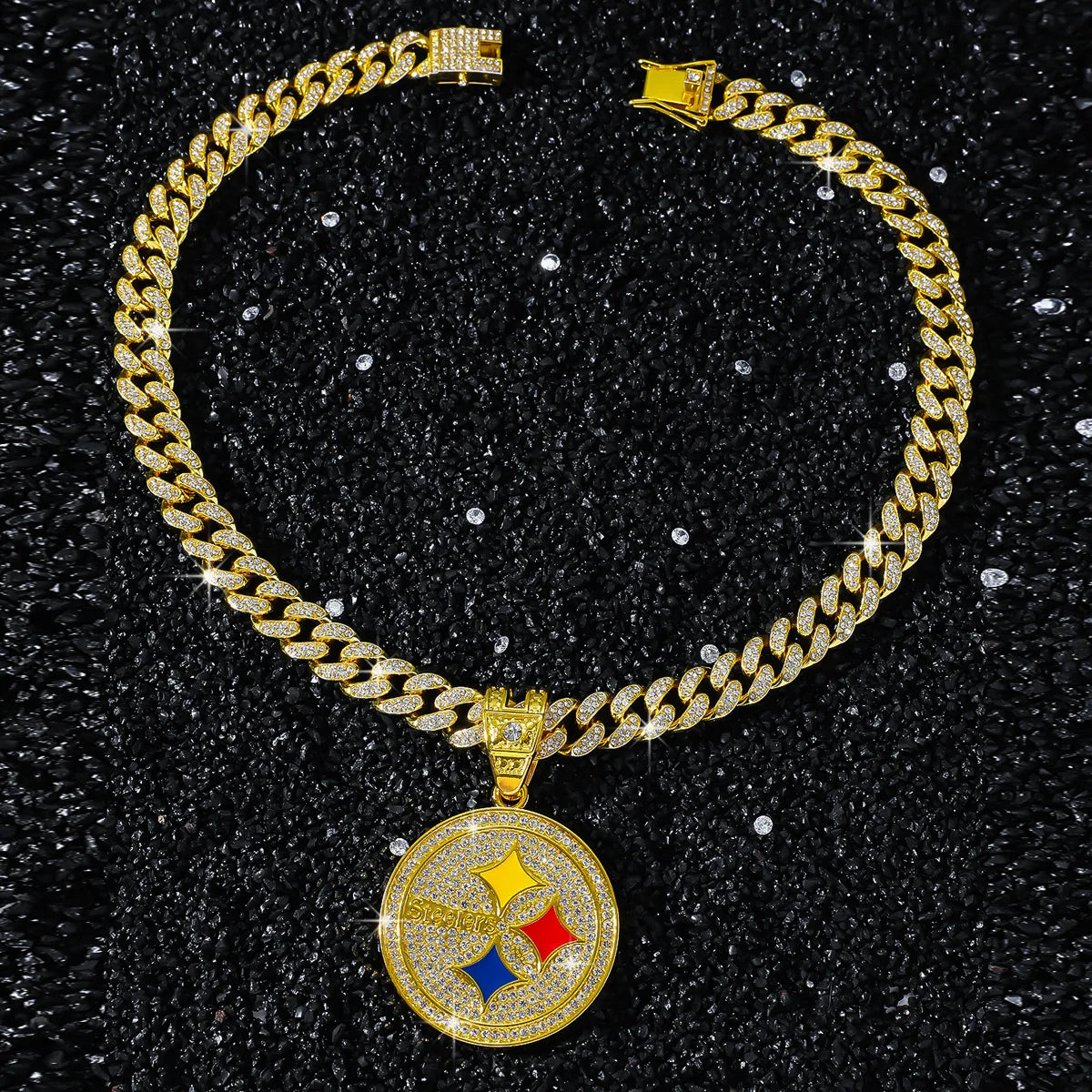Men's hip hop style personalized disc logo pendant necklace with creative design, featuring a metal chain and circular pendant.