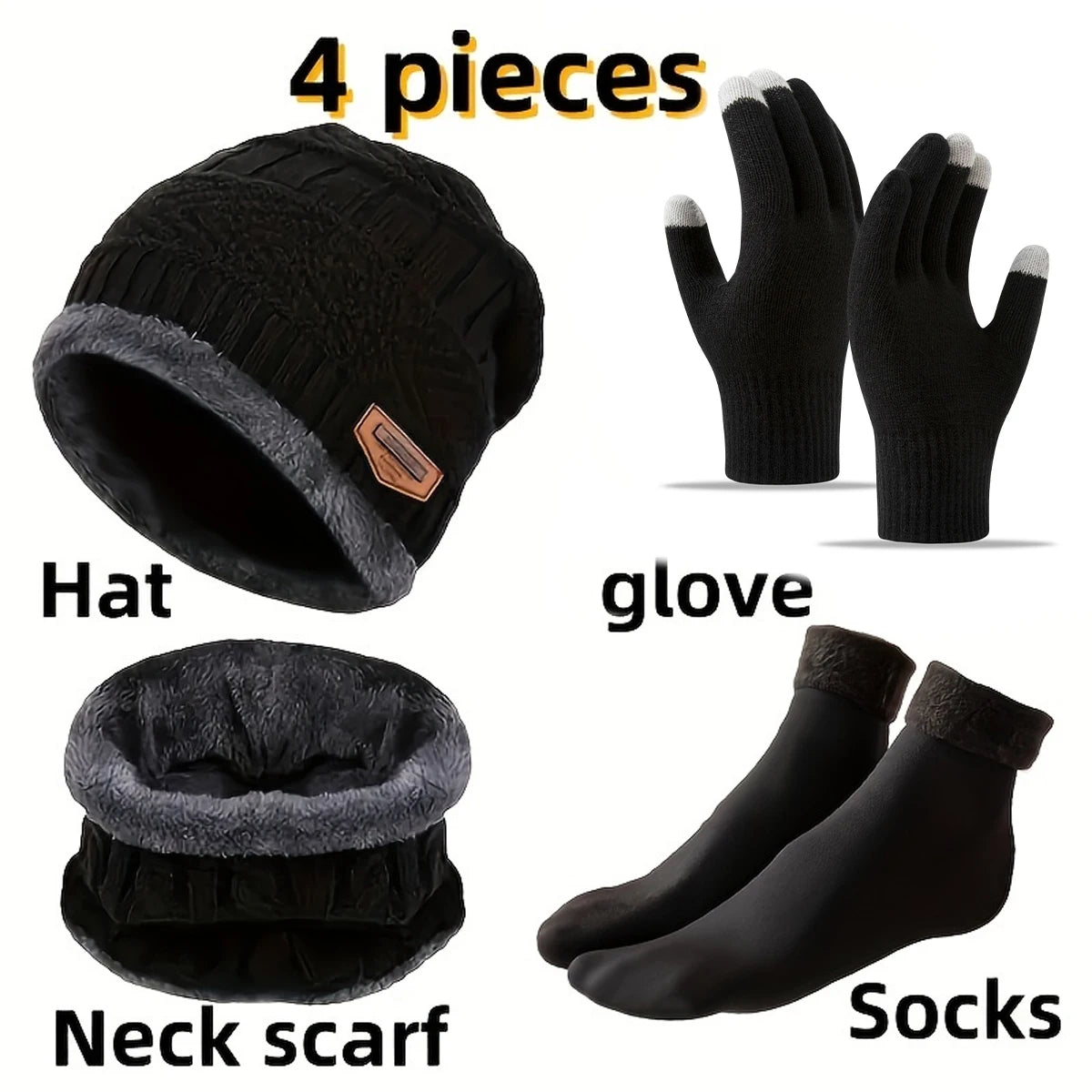 Cozy winter accessory set with soft beanie, gloves, socks, and scarf by HSF Marketplace