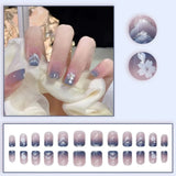 24-piece pink French short square false nails with glitter flower design, full-cover press-on nail tips by HSF Marketplace