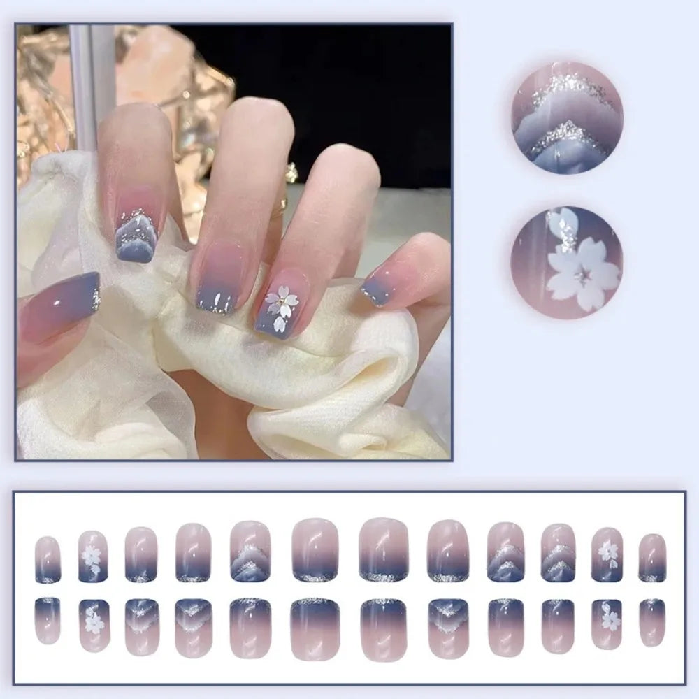 24-piece pink French short square false nails with glitter flower design, full-cover press-on nail tips by HSF Marketplace
