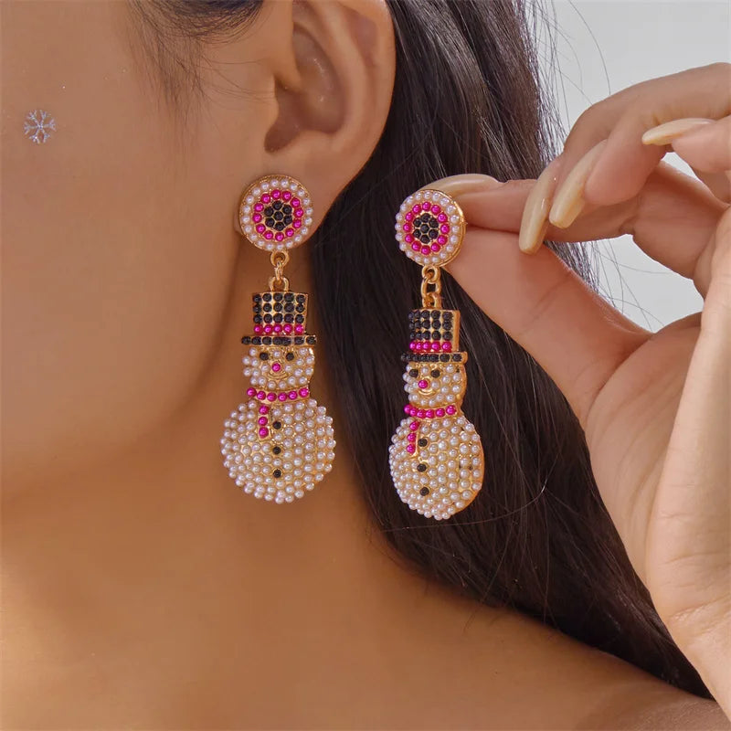 Creative Christmas Grandpa and Grandma Zircon Stud Earrings For Women White Pearl Crystal Snowman Elk Earring New Year Jewelry