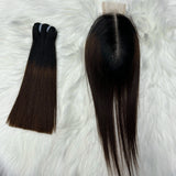 Two 6-inch lace closures and 8-10 inch colored Vietnamese human hair bundles with ombre shades, double drawn Remy hair extensions.