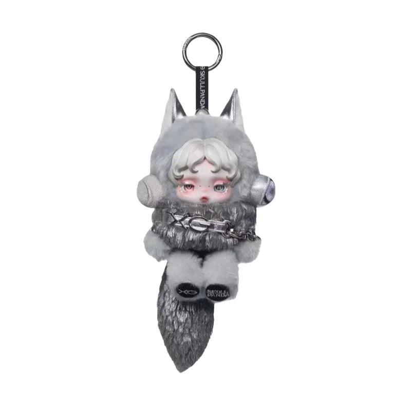 POPMART Skullpanda × My Melody Kuromi plush doll pendant amid flowers, collectible blind box keychain bag charm