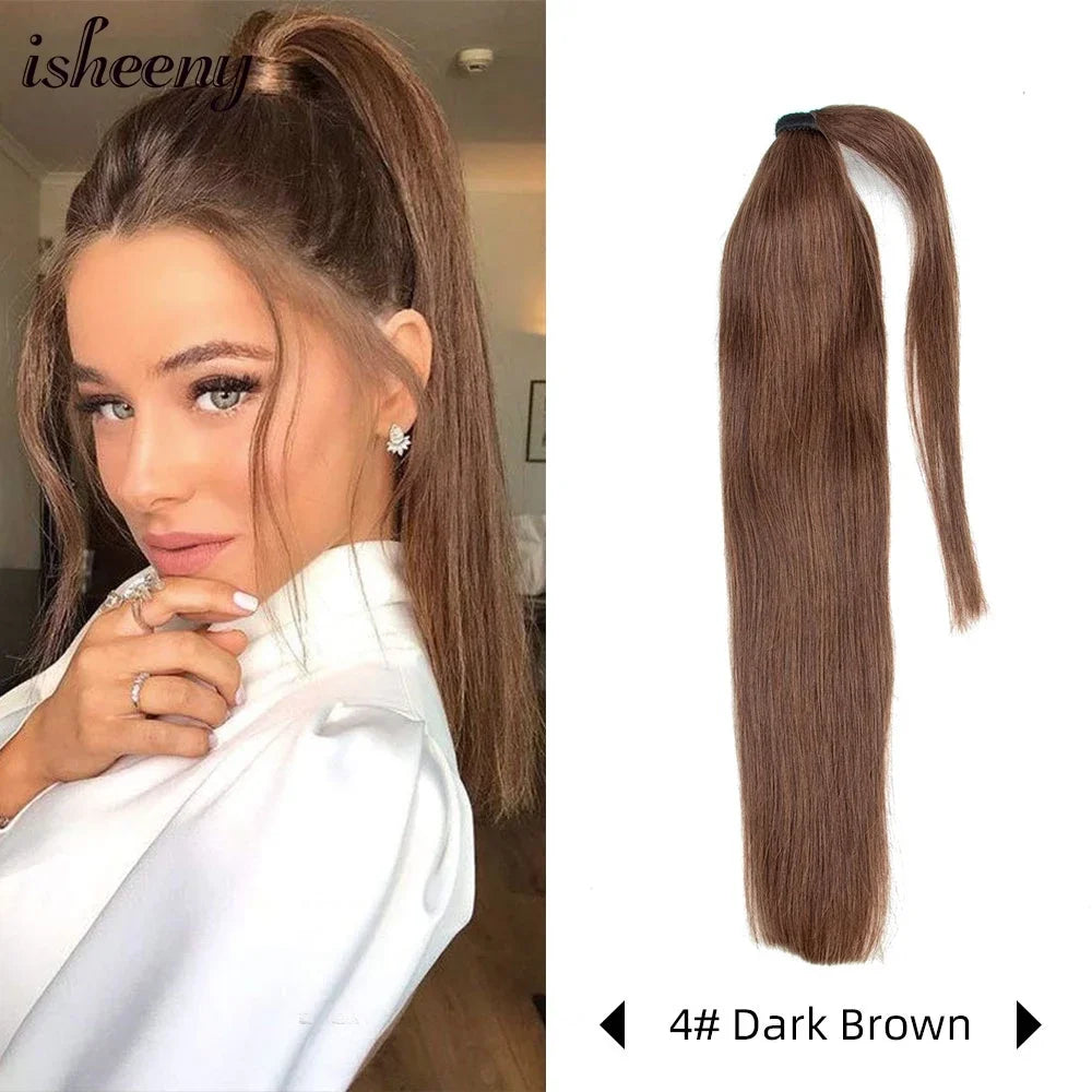 Isheeny straight human hair ponytail extension, natural Brazilian Remy wrap clip-in style in multiple lengths