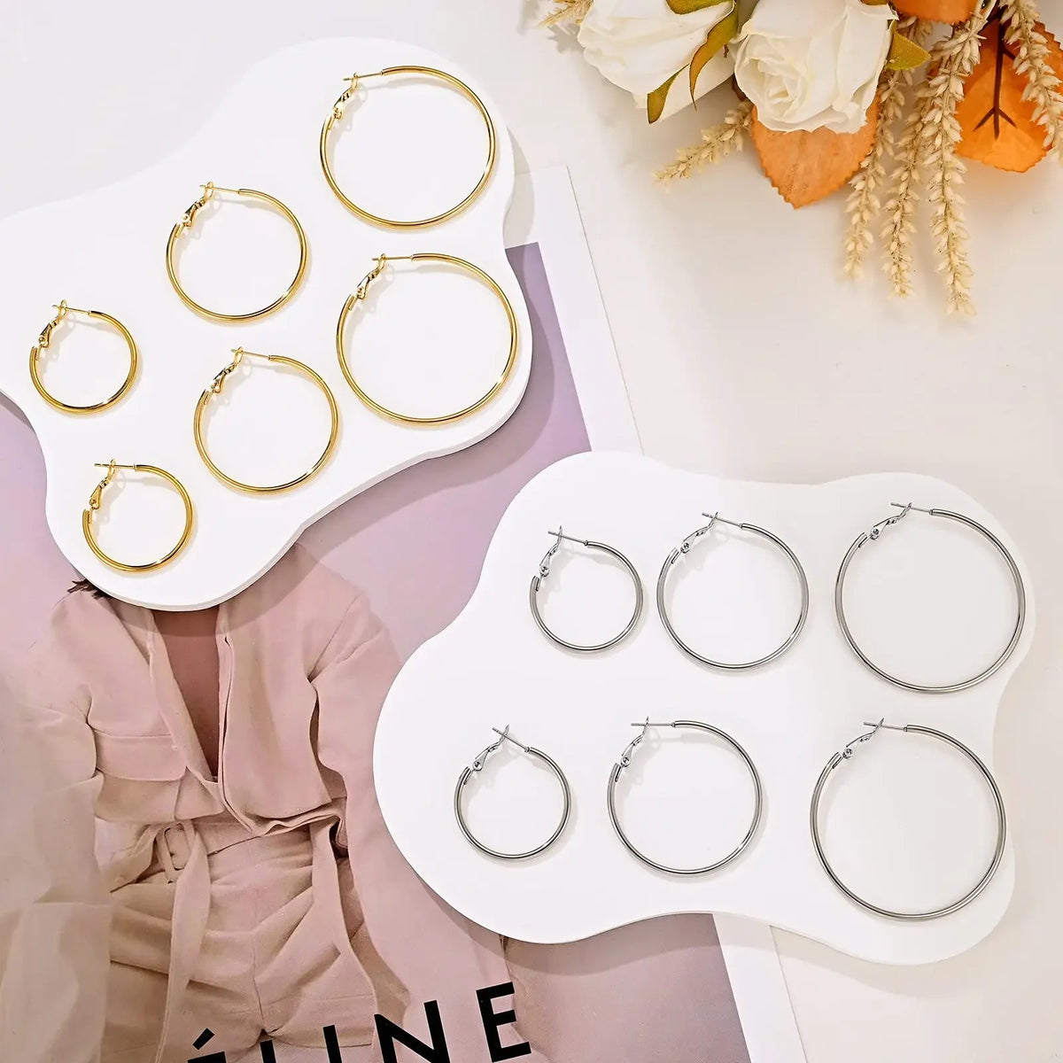 Gold metal hoop earrings set for women by HSF Marketplace, stylish lightweight jewelry in a classic hoop design