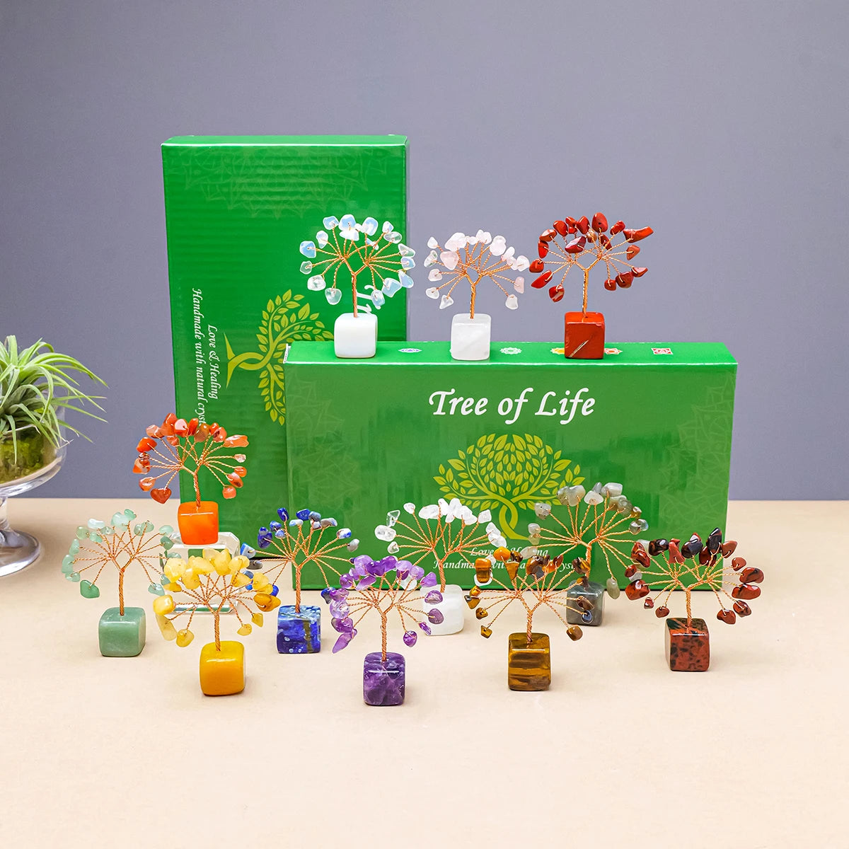 1pc Natural Gemstone Crystal Chakela Lucky Tree With Block Base Home Office Desk Living Room Crystal Decor Mini Sized Home