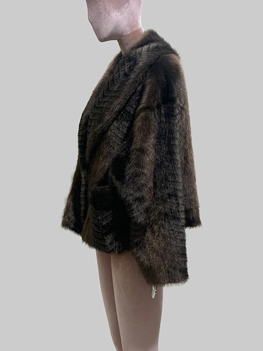 Nerazzurri women's dark brown gradient faux mink fur coat with oversized fit, shawl collar, sash, and fluffy texture