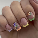 HSF Marketplace short almond press-on nails with pink floral French tips, glossy full-cover false nails