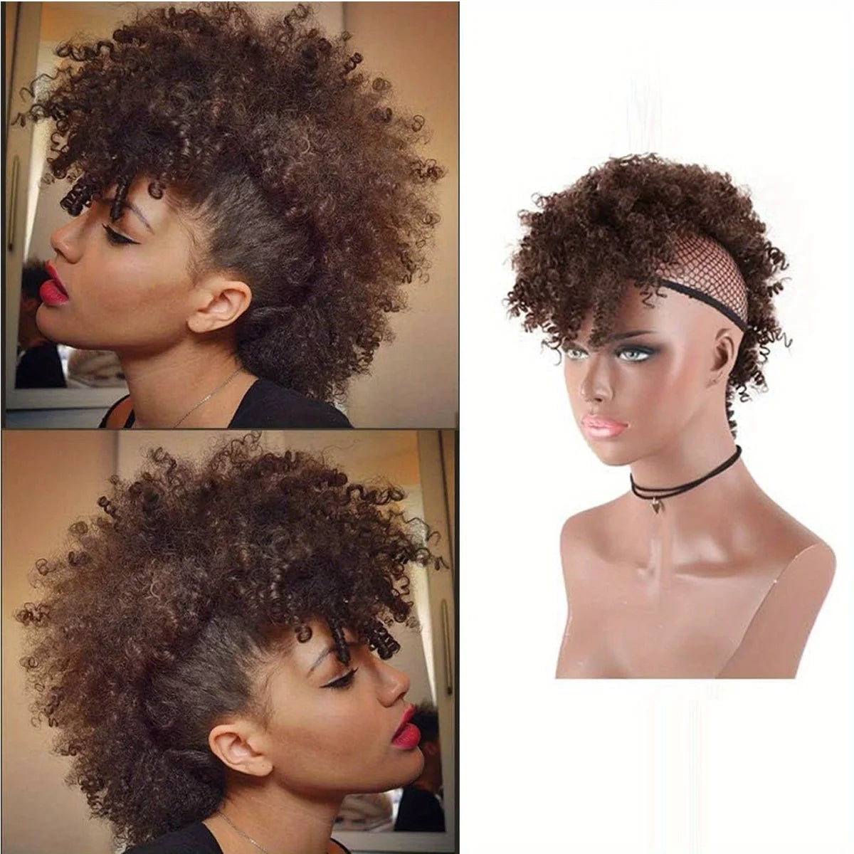 Chic afro curly mohawk wig with brown bangs, clip-in ponytails, and high puff afro bun style