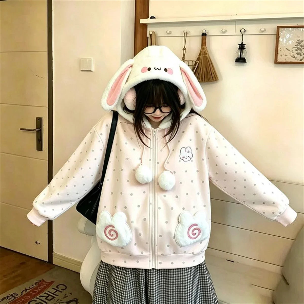 Kawaii rabbit ear zip-up hoodie for women, plush and cozy K-culture merch by HSF Marketplace