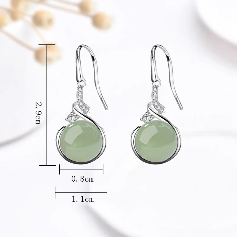925 sterling silver jade drop earrings for women, featuring polished green jade stones and elegant dangling design