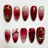 24-piece Y2K star press-on false nails with gradient blue French tips and gold moon designs in a sweet almond shape