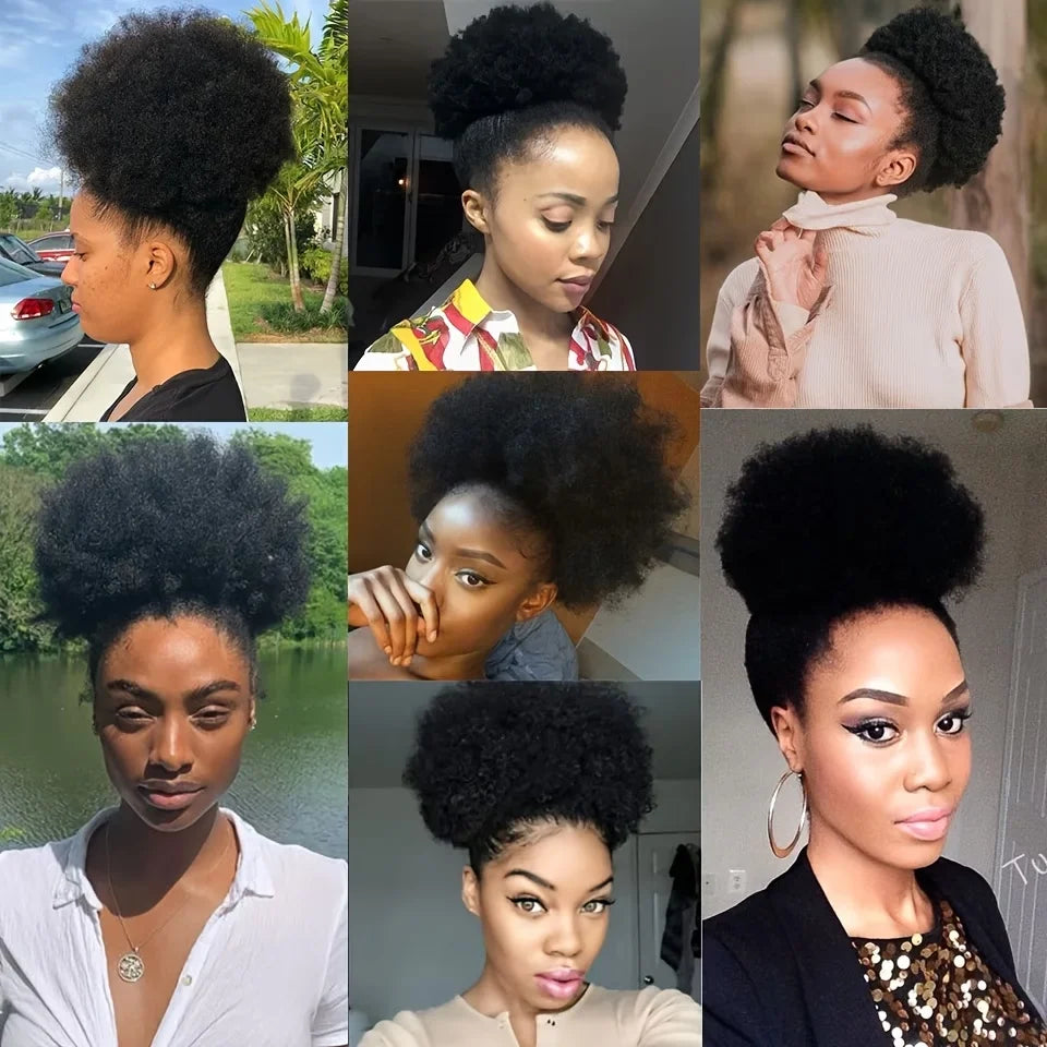 HSF Marketplace kinky curly human hair drawstring ponytail bun with Brazilian clip-in extensions