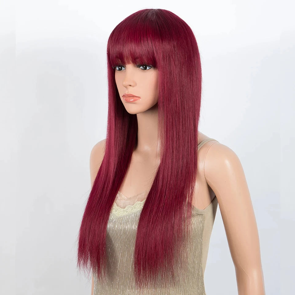 Burgundy straight human hair wig with bangs for women, HSF Marketplace human hair wig