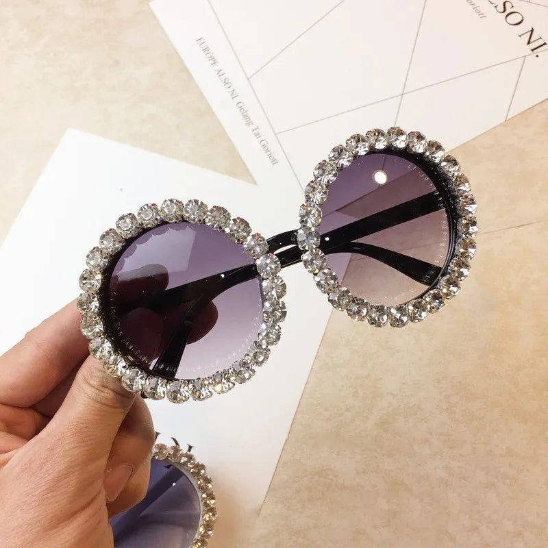 Luxury diamond crystal round sunglasses for women with big frames, UV400 protection, designer eyewear by HSF Marketplace.