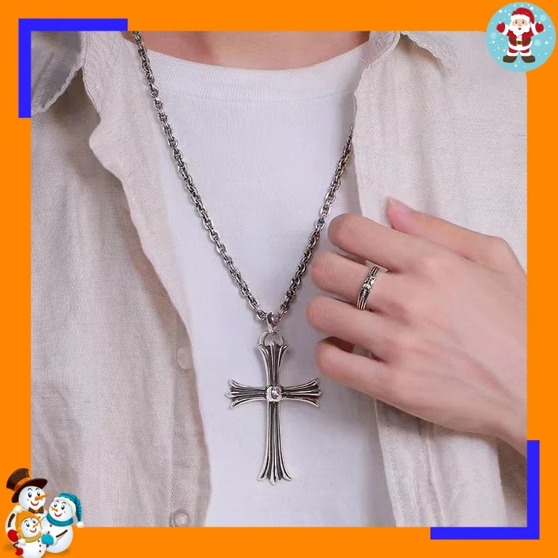 HSF Marketplace retro large cross flame sword pendant necklace for women, jewelry close-up
