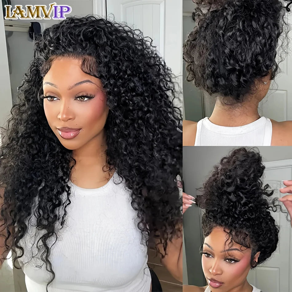 30-36 Inch 360 Full Invisi Strap Drawstring Sung Hd Lace 250 Density Water Kinky Curly Deep Human Hair Wig Black Glueless