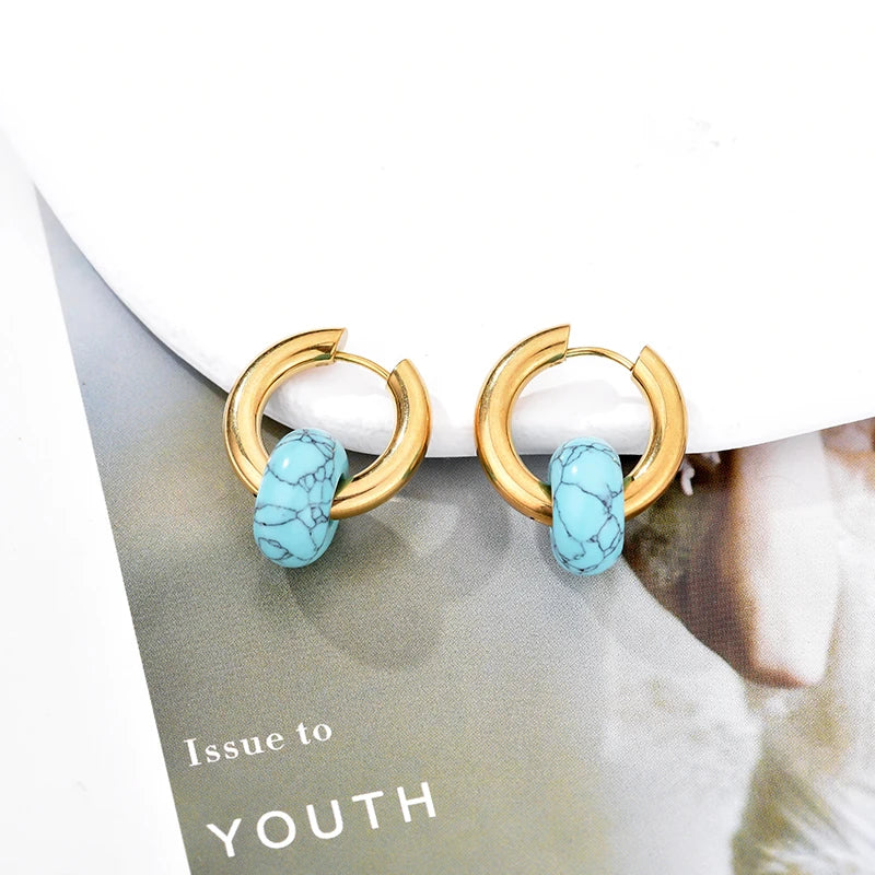 Classic fashion natural stone turquoise round bead hoop earrings with 3mm thick stainless steel ear buckles