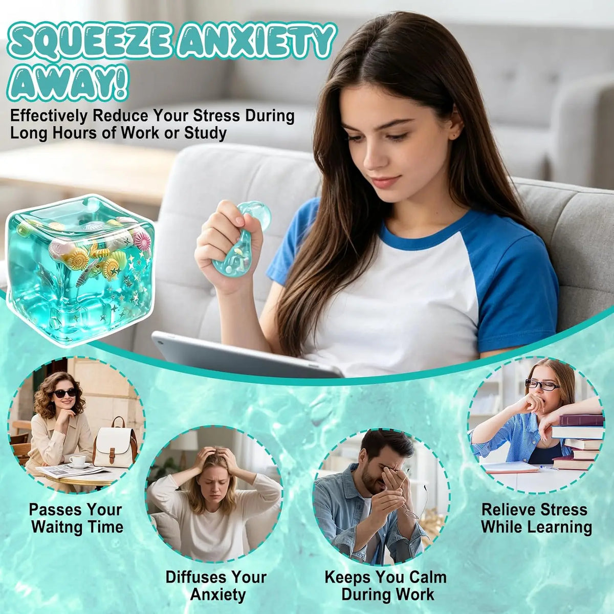 Ice Cube Stress Ball Soft Squeeze Marine Shell Squishy Sensory Toy Slow Rising for Adults Anxiety Relief