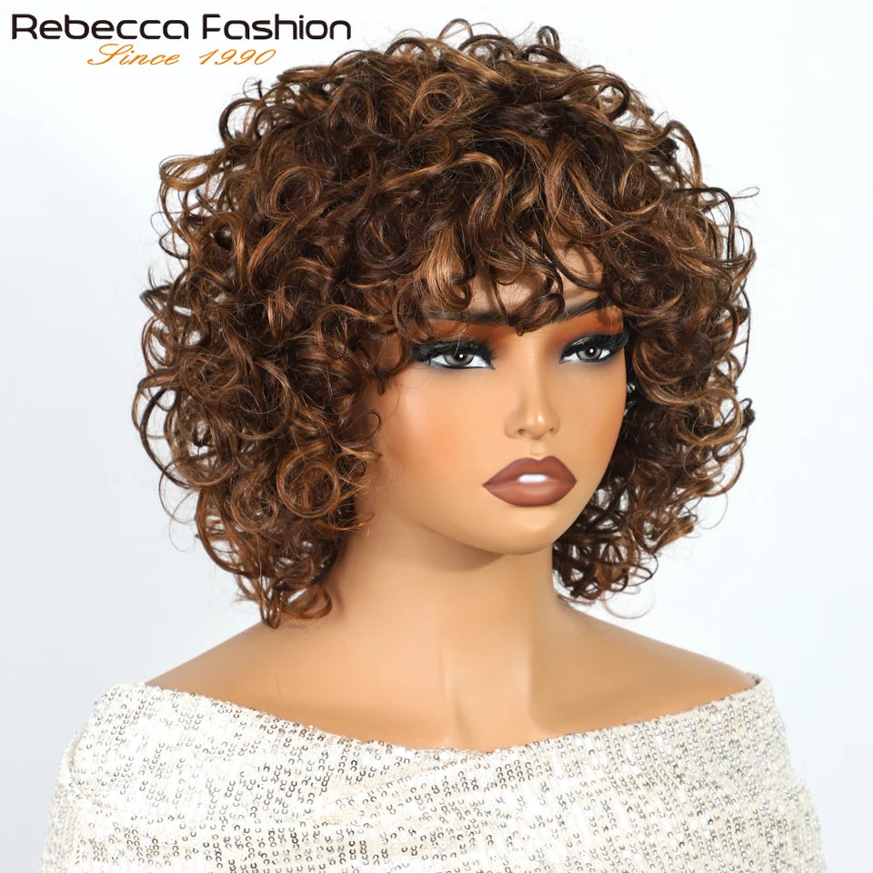 Pixie curly human hair wig by HSF Marketplace featuring short, bouncy Brazilian Remy curly bob with highlights and easy wear design.