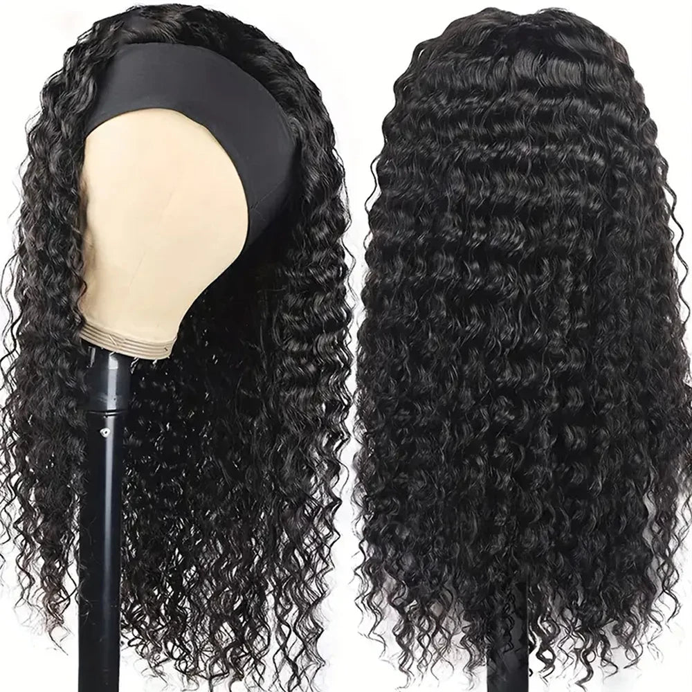 250 density water wave headband wig human hair, full machine-made glueless wig for Black women