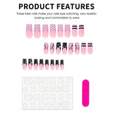 24-piece Sweet Punk press-on false nails with pink and black French polka dot stripes, long coffin shape