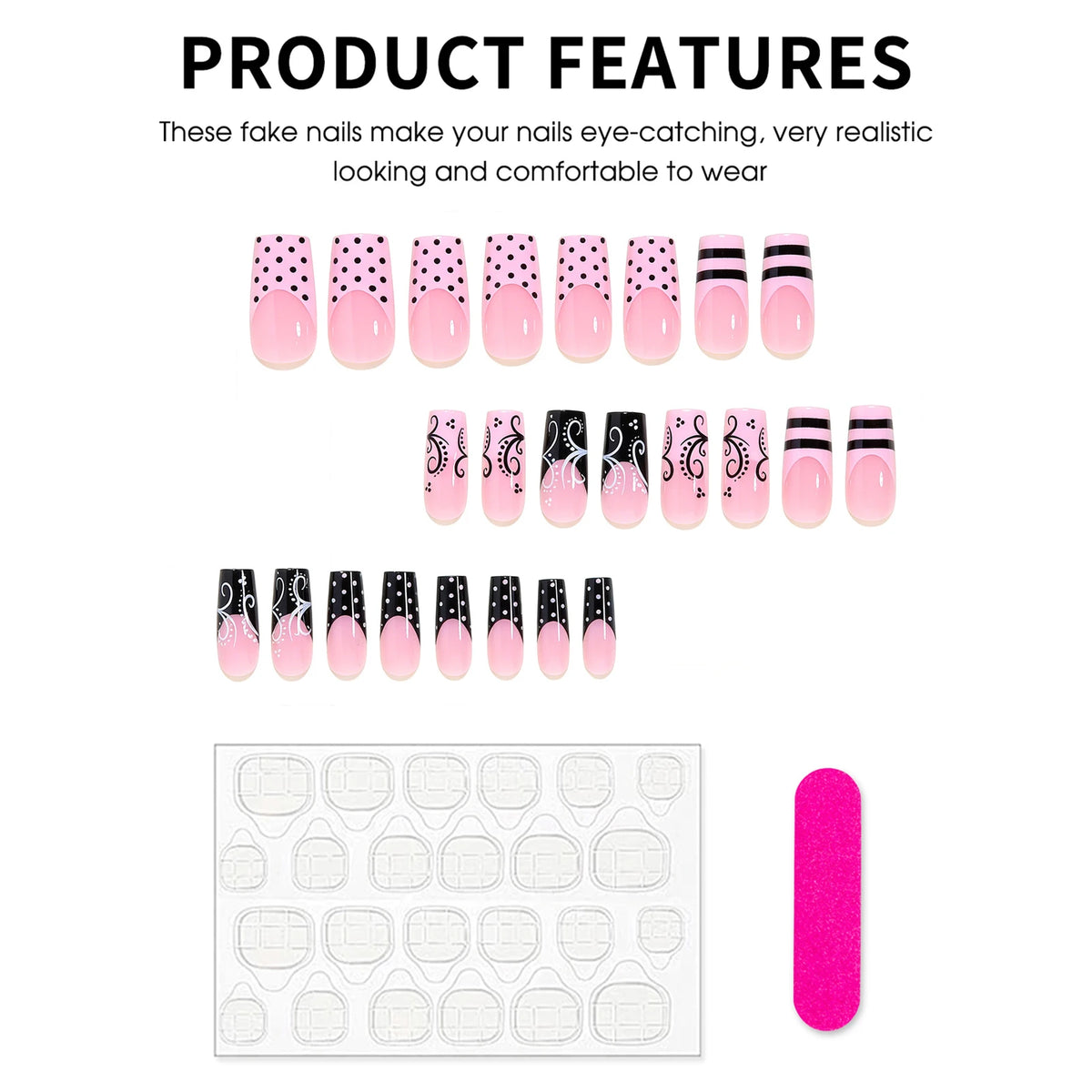 24-piece Sweet Punk press-on false nails with pink and black French polka dot stripes, long coffin shape