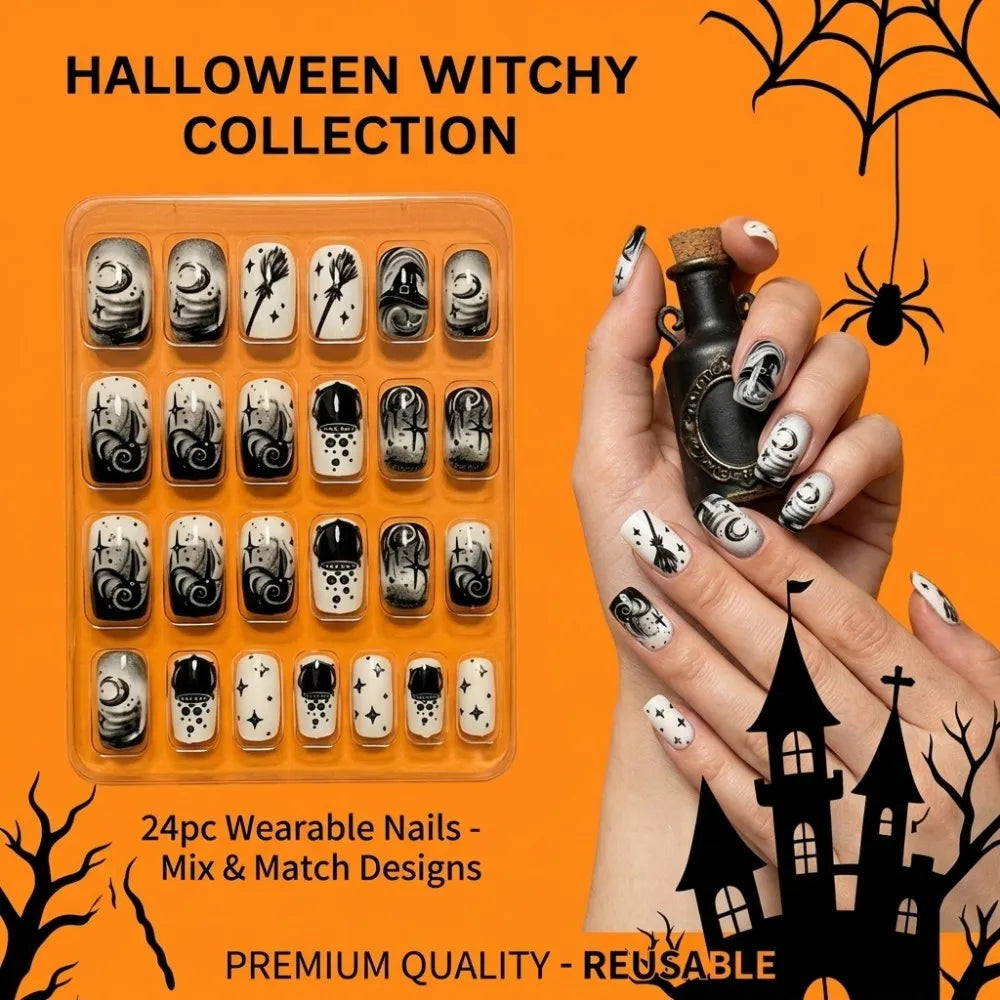 24-piece HSF Marketplace Halloween press-on false nails with red glossy square tips and spooky spider web design