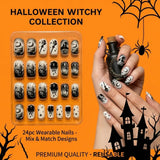 24-piece HSF Marketplace Halloween press-on false nails with red glossy square tips and spooky spider web design