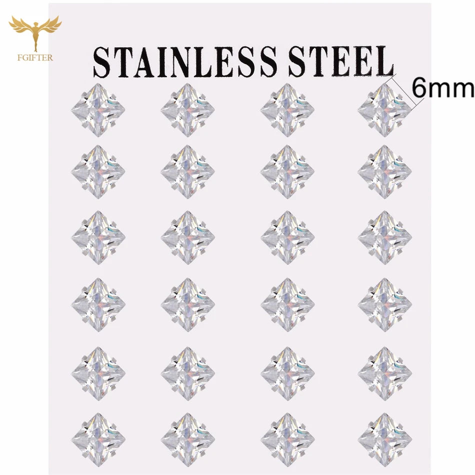 12 pairs white crystal stud earrings set, 2–7mm round and square zircon designs with golden stainless steel posts