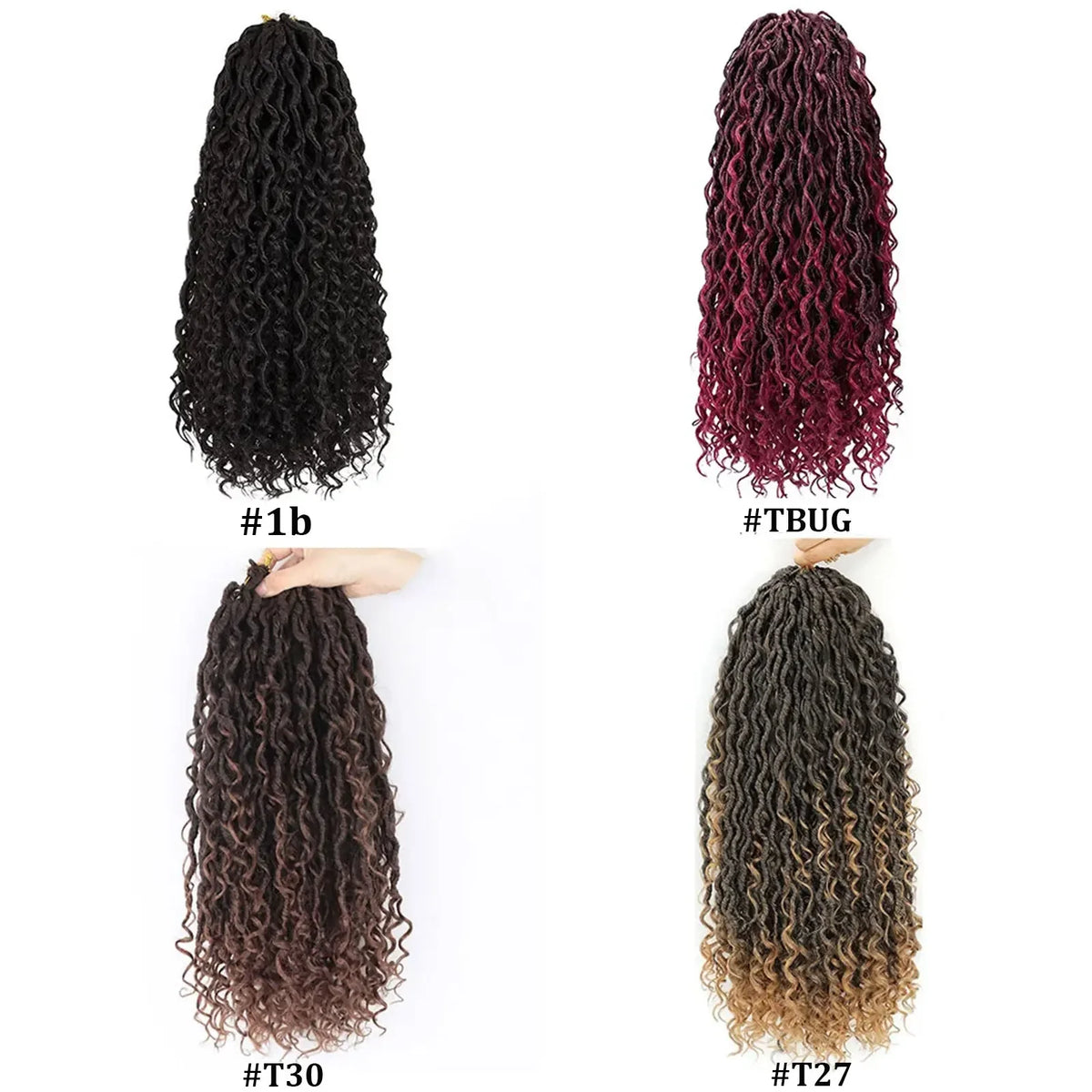 Ombre Goddess Faux Locs crochet hair with curly ends, 18 inches, synthetic braiding hair extensions by HSF Marketplace.