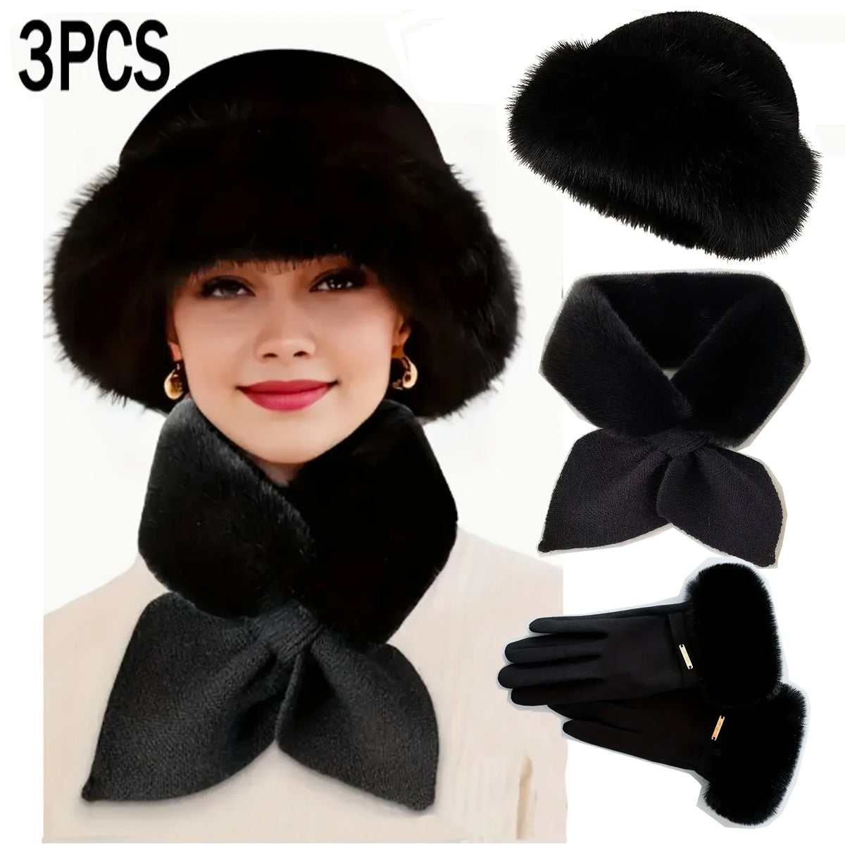 HSF Marketplace winter warmth set with plush hat, gloves, and scarf in a cozy cold-weather bundle