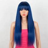 Royal blue Brazilian straight human hair wig with bangs, glueless full machine wig for women, 100% Remy human hair.